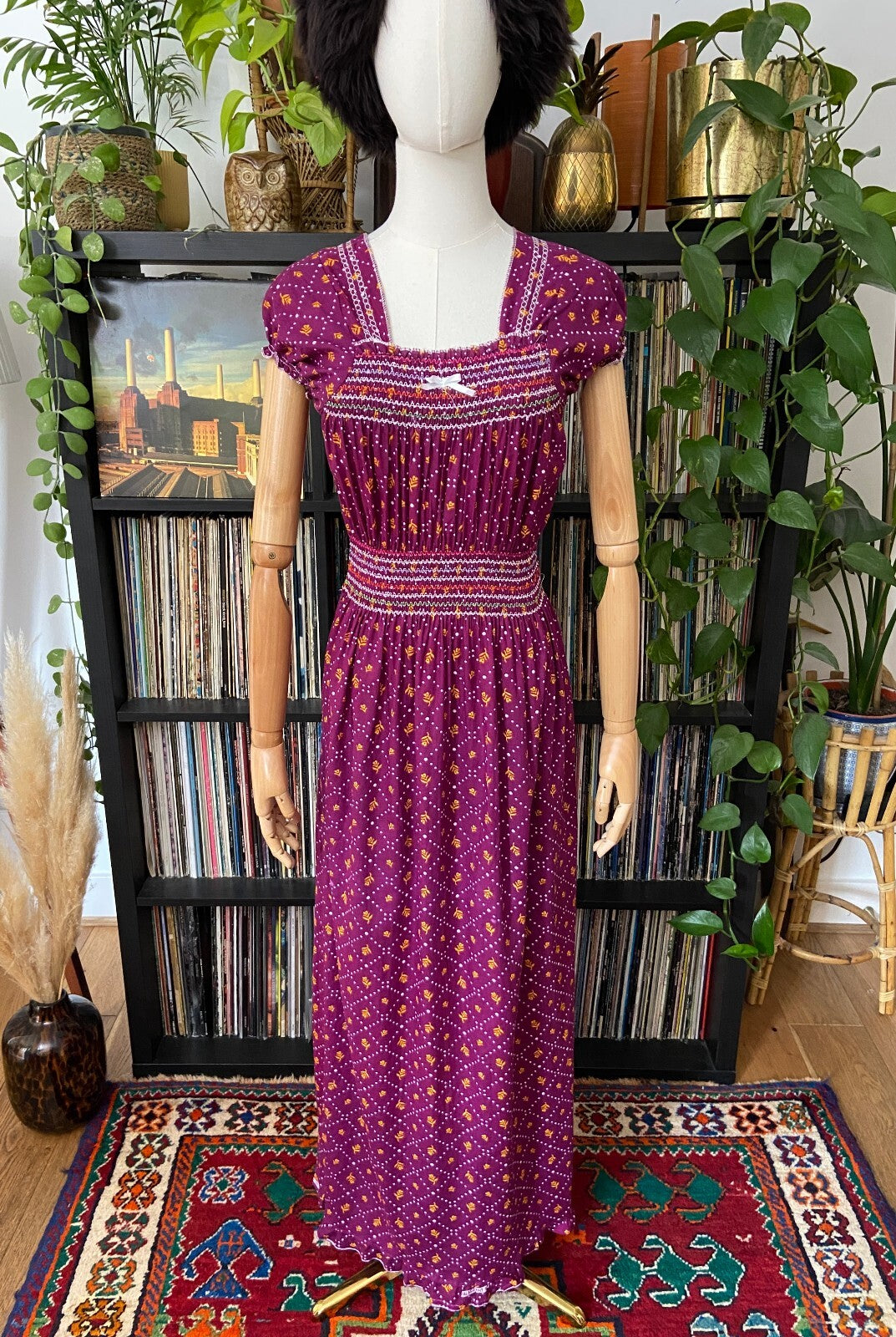 Vintage 1970s Purple Print Peasant Dress