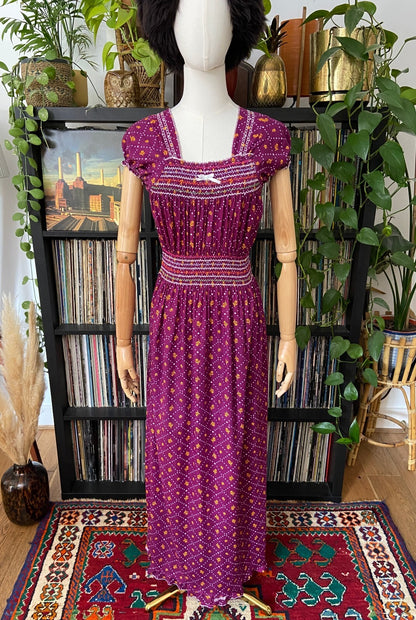 Vintage 1970s Purple Print Peasant Dress