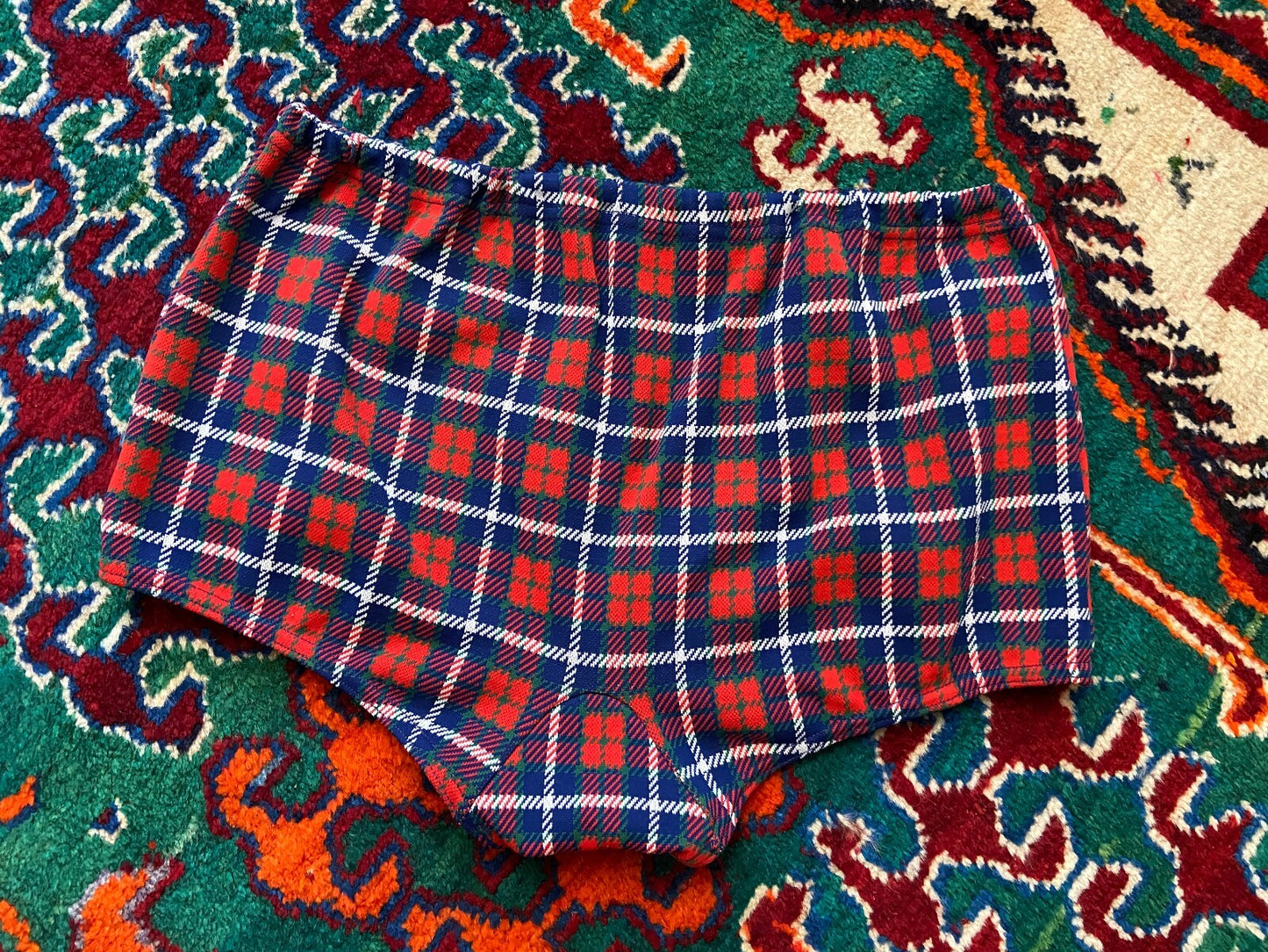 Vintage 1970s Red Blue Tartan Swim Shorts