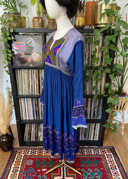 Vintage 1970s Blue & Green Bib Afghan Dress
