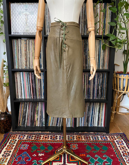 Vintage 1980s Olive Leather Lace Up Pencil Skirt