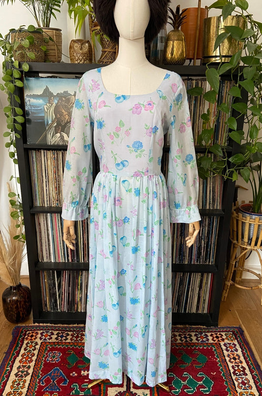 Vintage 1970s Pale Blue Romantic Floral Maxi Dress