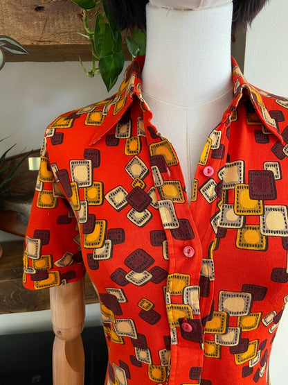 Vintage 1970s Red Geometric Dagger Collar Shirt