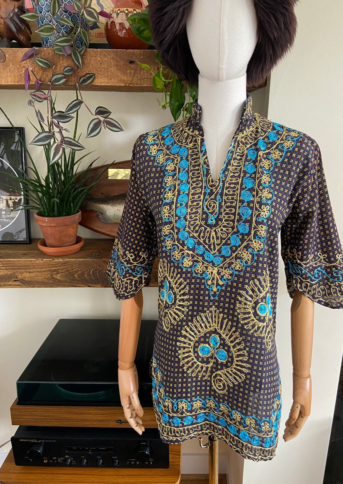Vintage 1970s Navy Embroidered Tunic Top