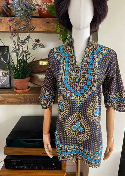 Vintage 1970s Navy Embroidered Tunic Top