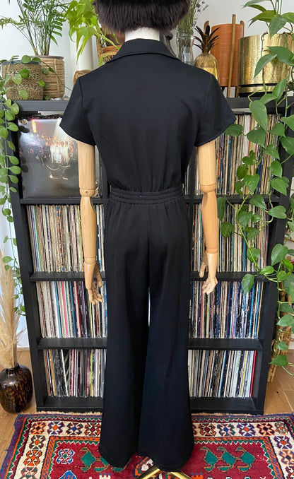 Vintage 1970s Black Plait Pocket Flared Jumpsuit