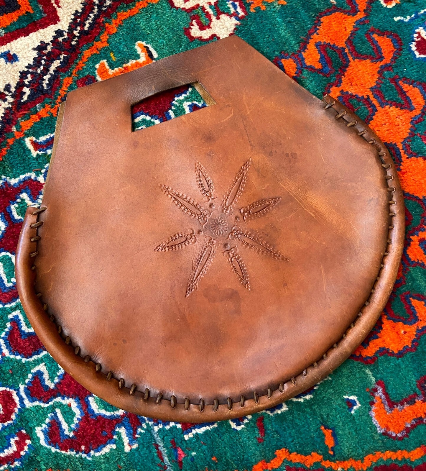 Vintage 1970s Brown Hand Tooled Leather Grab Bag