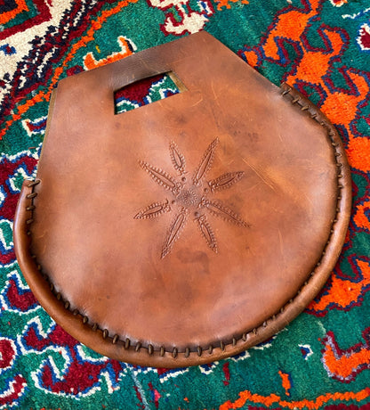 Vintage 1970s Brown Hand Tooled Leather Grab Bag
