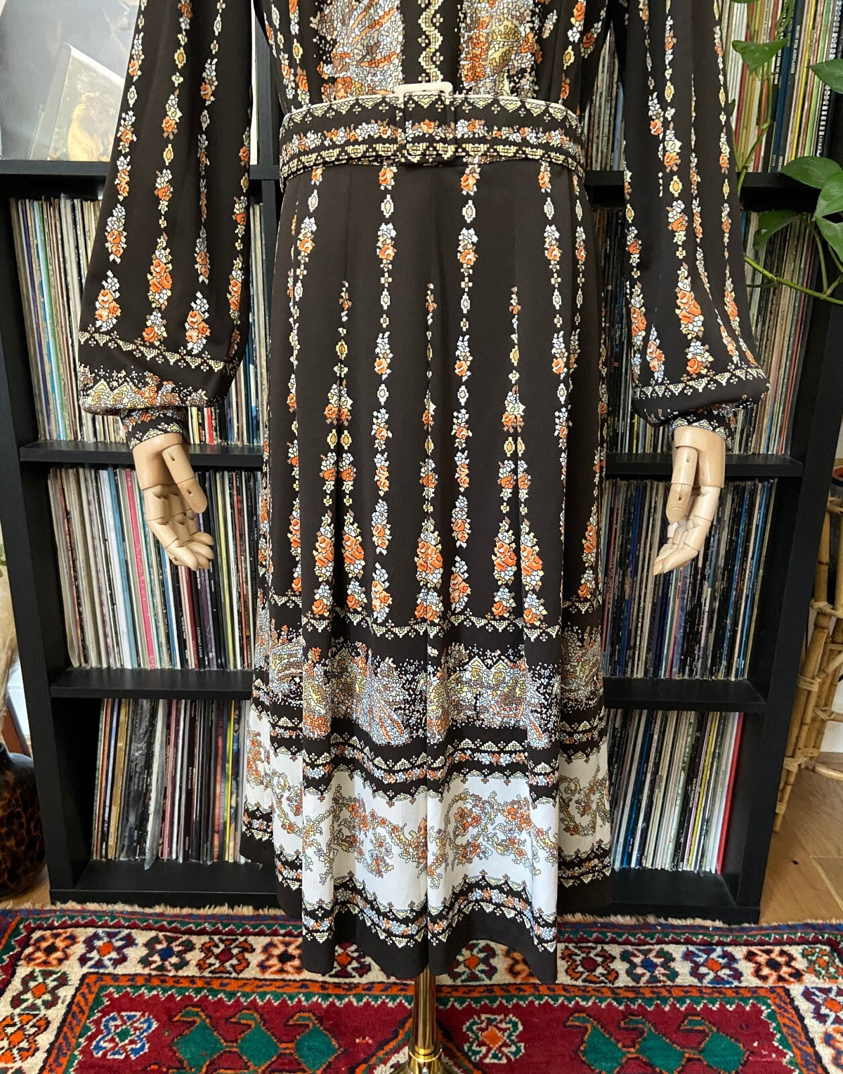 Vintage 1970s Brown Print Belted Dress