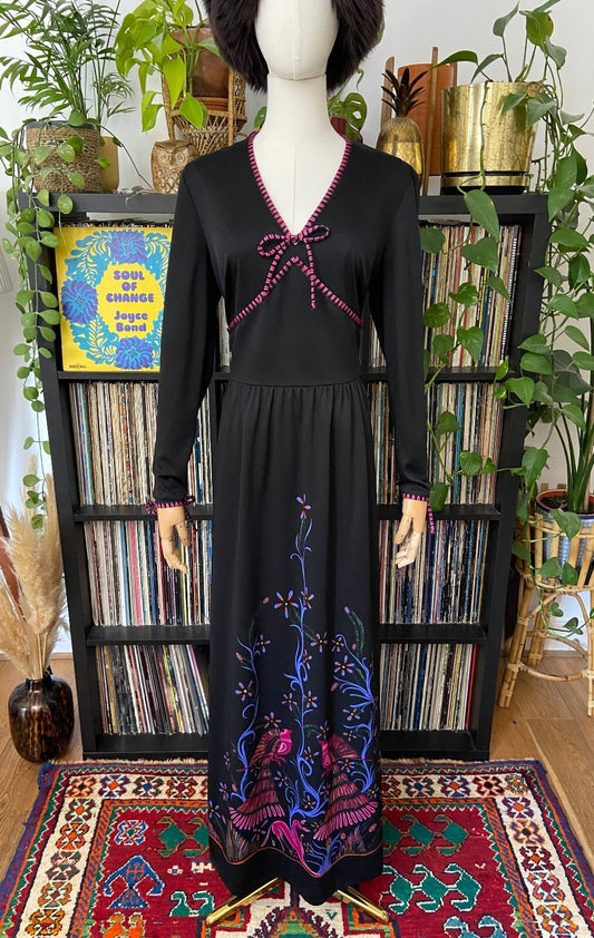 Vintage 1970s Black Folk Print Maxi Dress