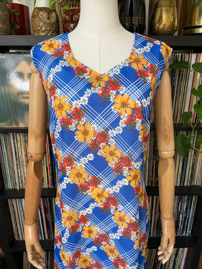 Vintage 1970s Blue Floral Print Maxi Dress