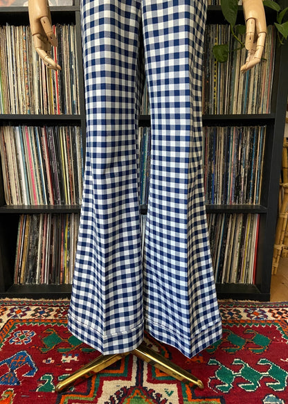 Vintage 1970s Navy & White Check Bellbottom Trousers W32