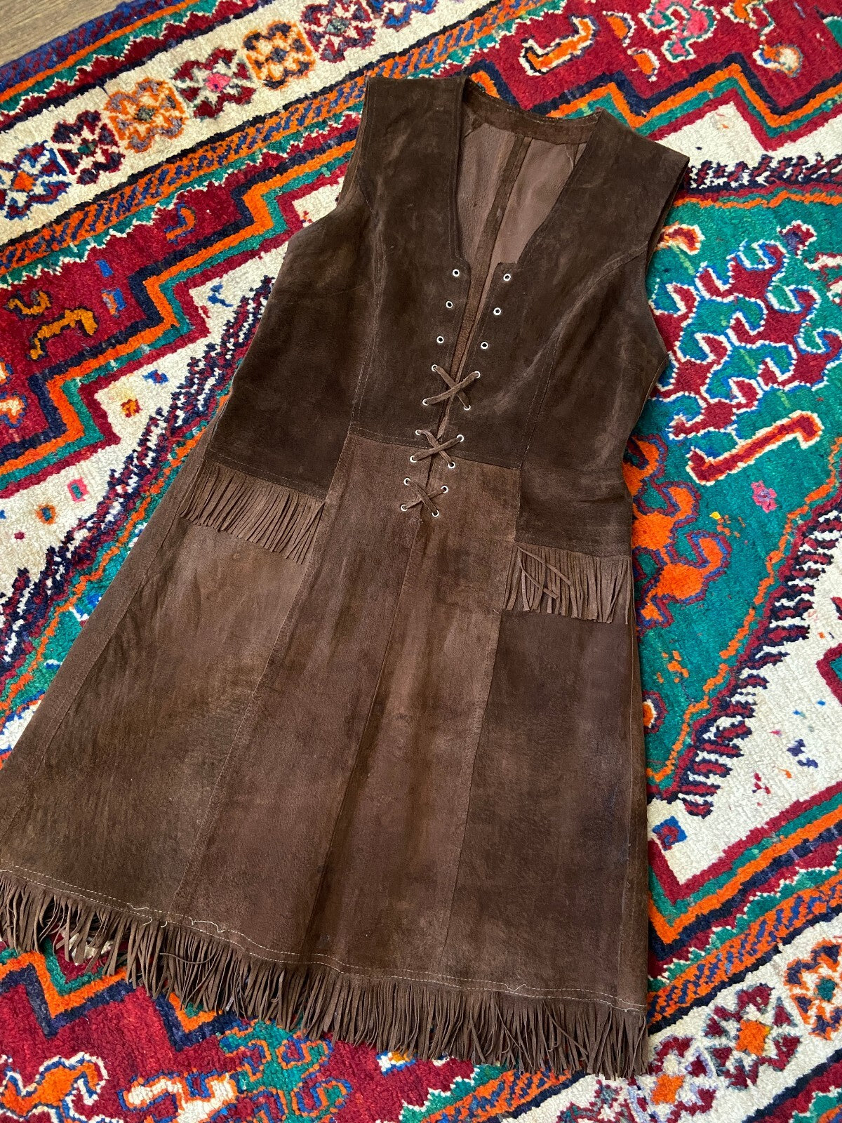 Vintage 1970s Brown Suede Fringed Lace Up Dress