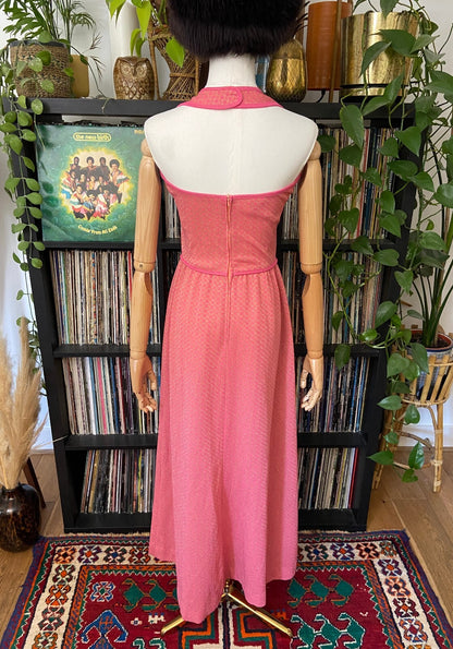 Vintage 1970s Pink & Gold Maxi Halterneck Dress