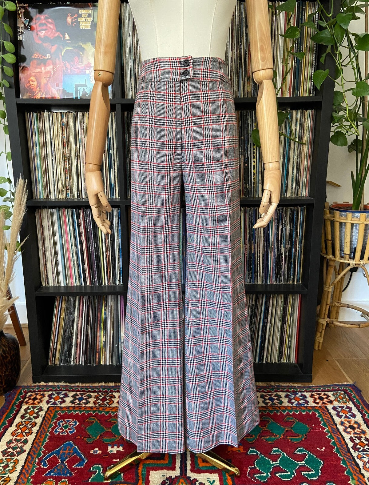 Vintage 1970s Black & Red Check Bellbottom Flares W30
