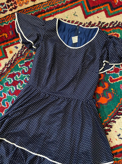 Vintage 1970s Navy Polka Dot Layered Dress