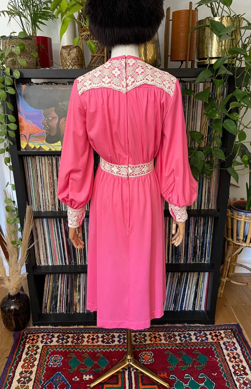 Vintage 1970s Bright Pink & Cream Crochet Trim Dress