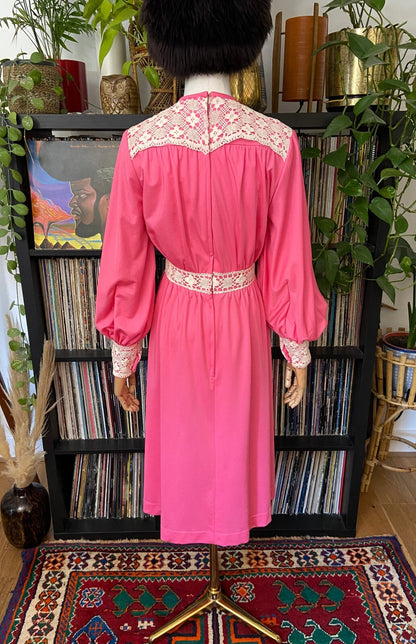 Vintage 1970s Bright Pink & Cream Crochet Trim Dress