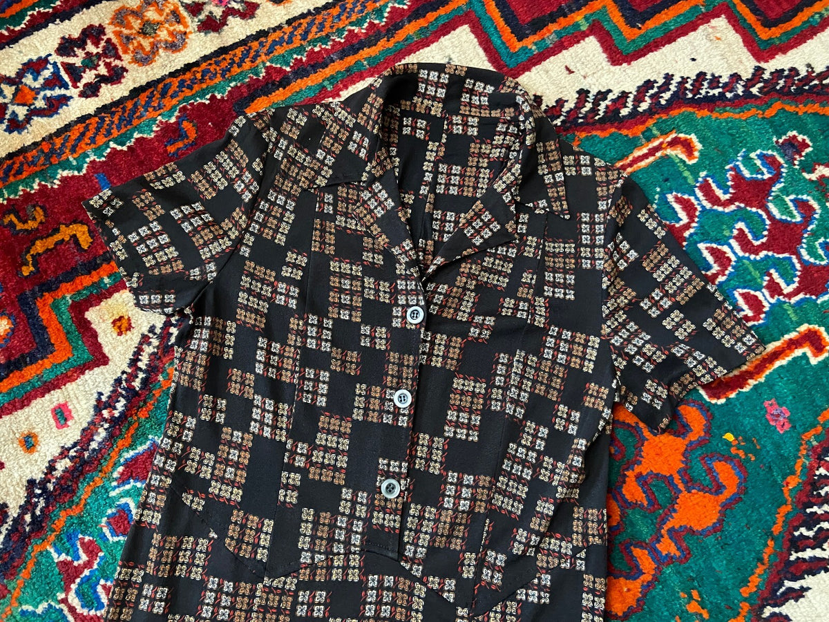 Vintage 1970s Black Printed Shirt Dress