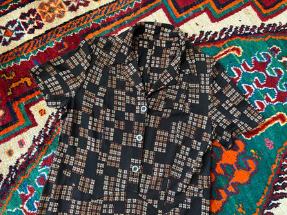 Vintage 1970s Black Printed Shirt Dress