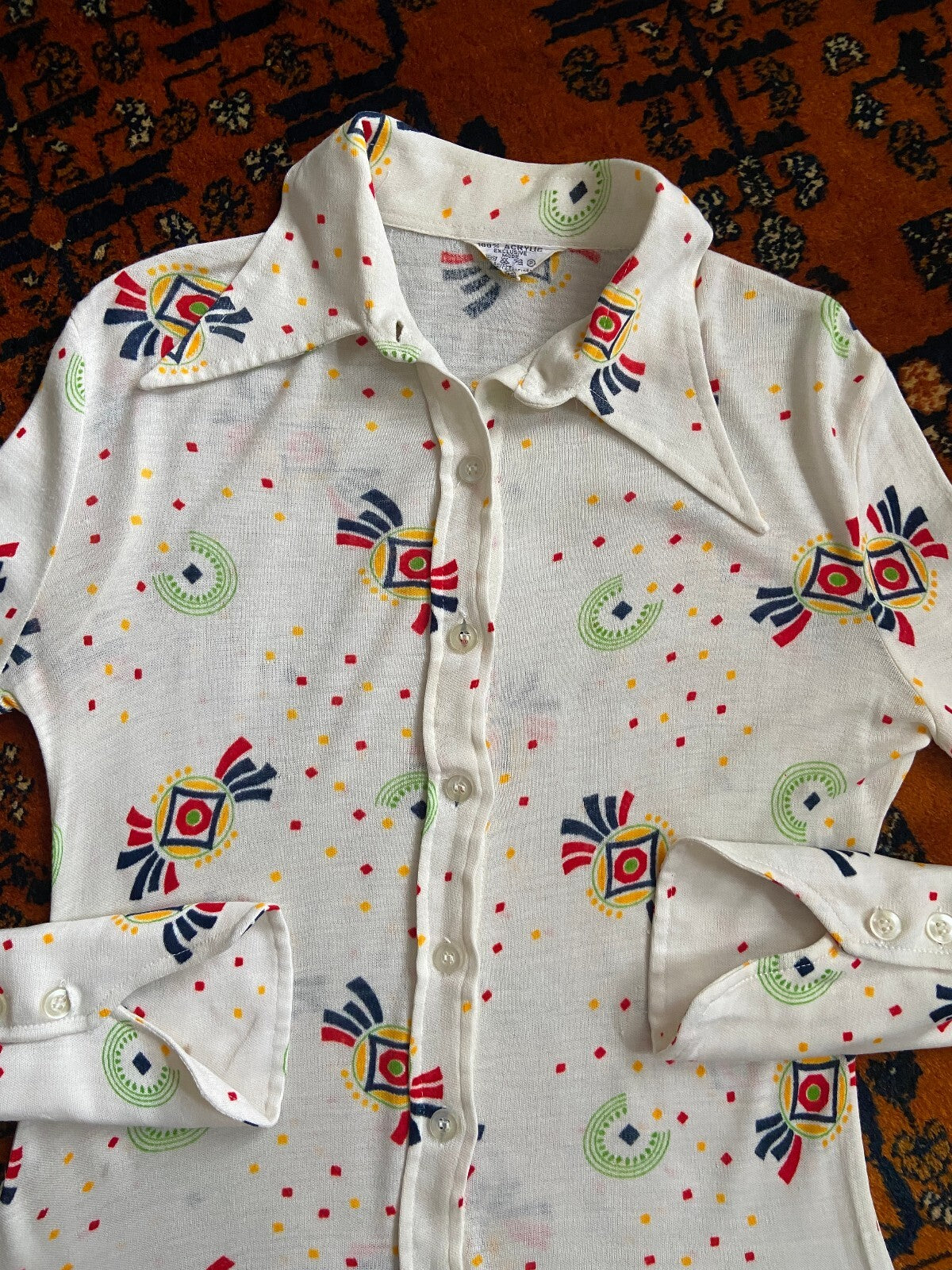 Vintage 1970s Cream Knit Dagger Collar Shirt