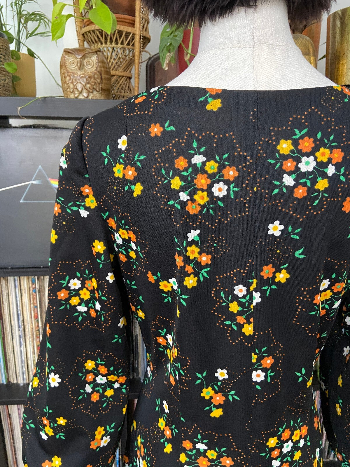 Vintage 1970s Black Floral Maxi Dress