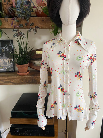 Vintage 1970s Cream Knit Dagger Collar Shirt