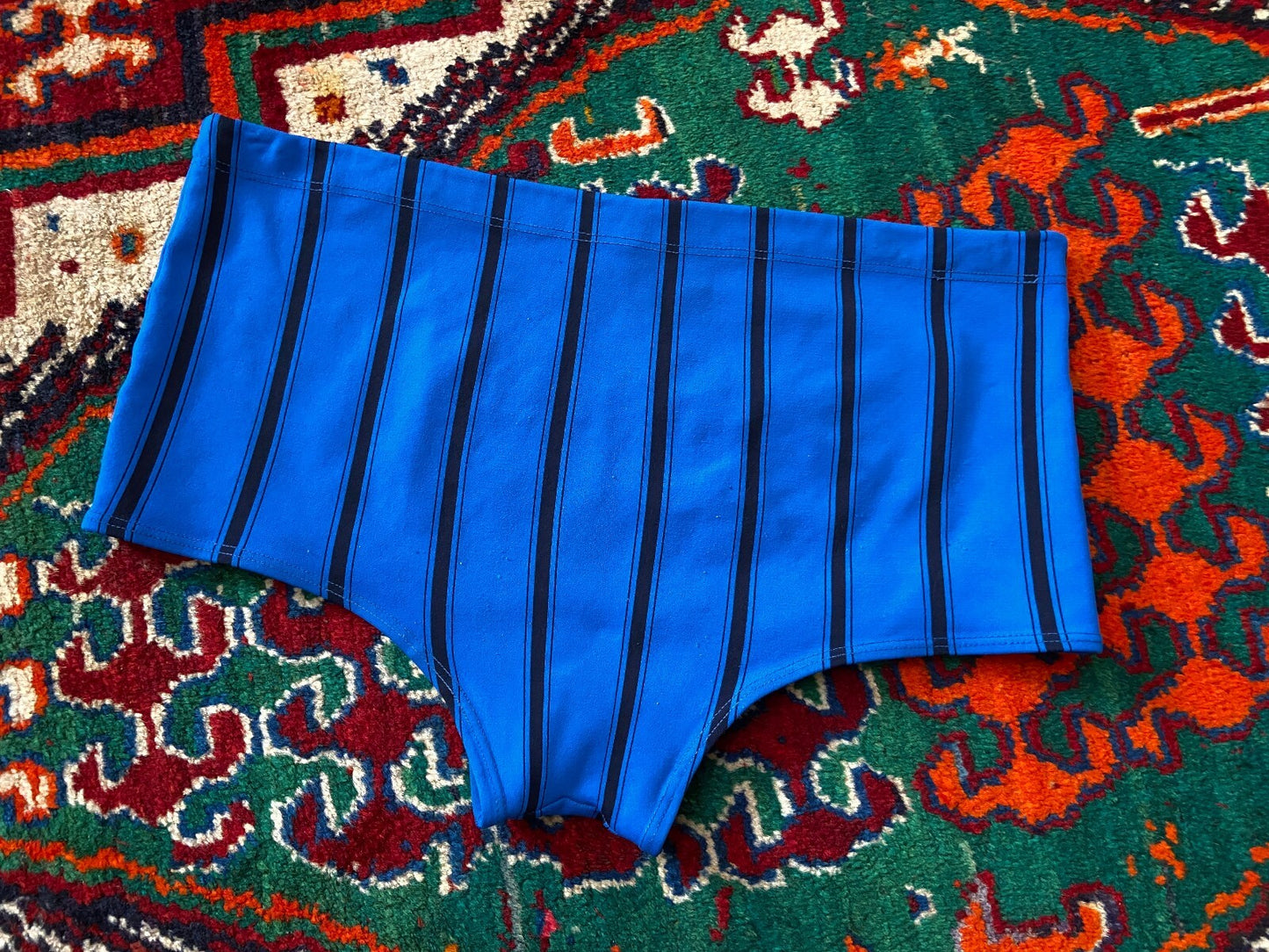 Vintage 1970s Blue Black Striped Swim Shorts
