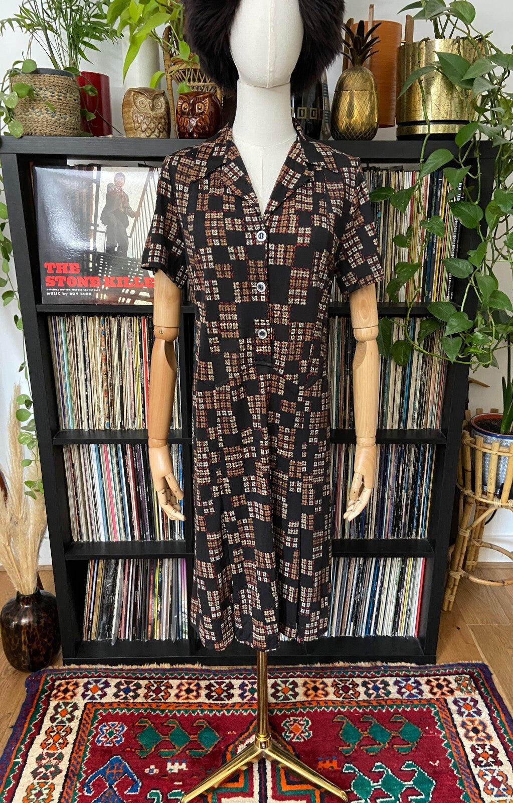 Vintage 1970s Black Printed Shirt Dress