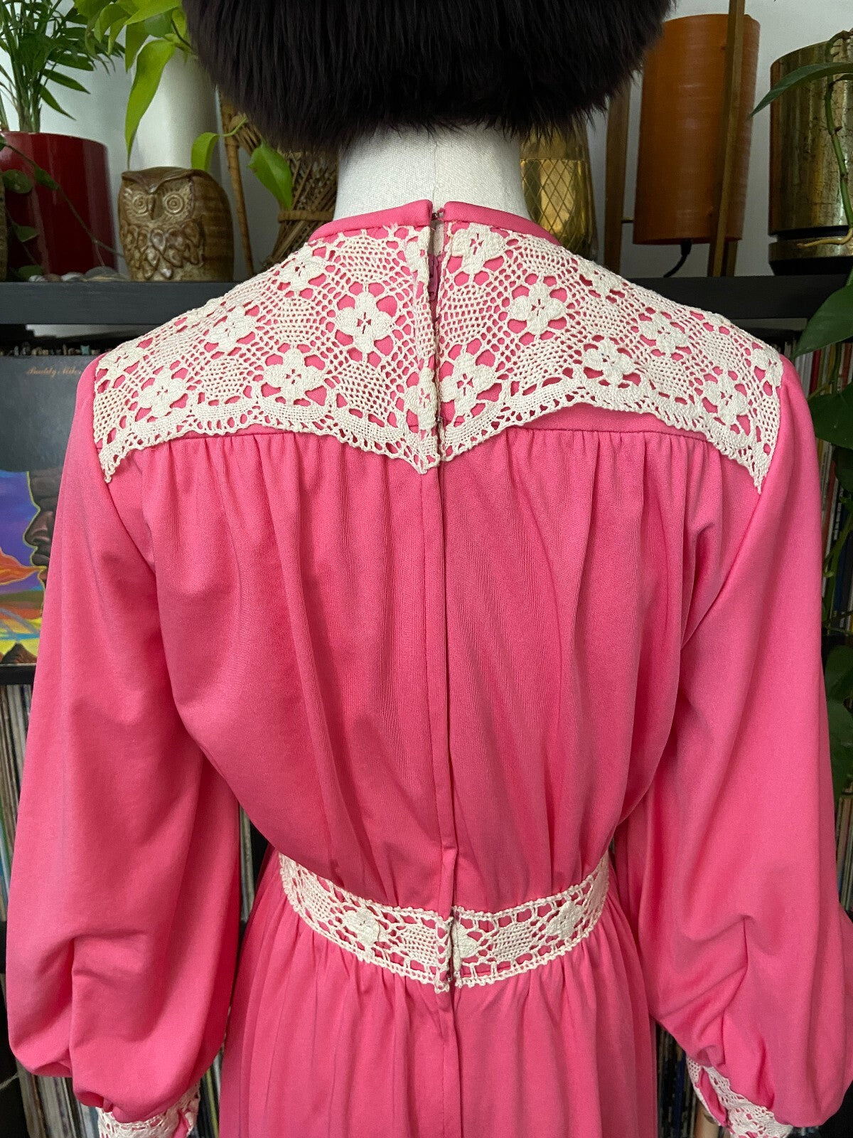 Vintage 1970s Bright Pink & Cream Crochet Trim Dress