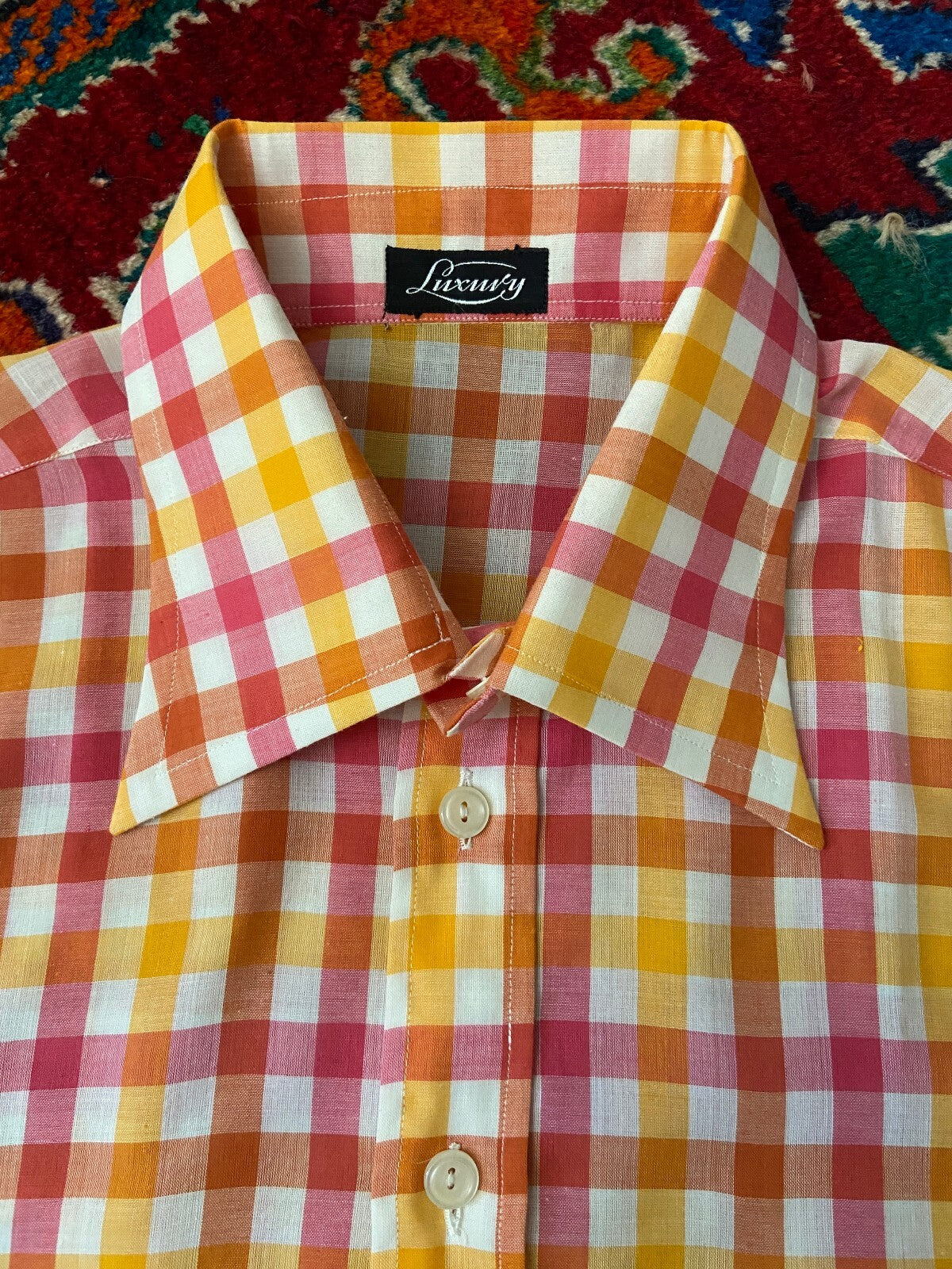 Vintage 1970s Pink & Yellow Deadstock Dagger Collar Shirt