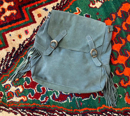 Sabrina Tach Dusty Blue Suede Fringed Backpack