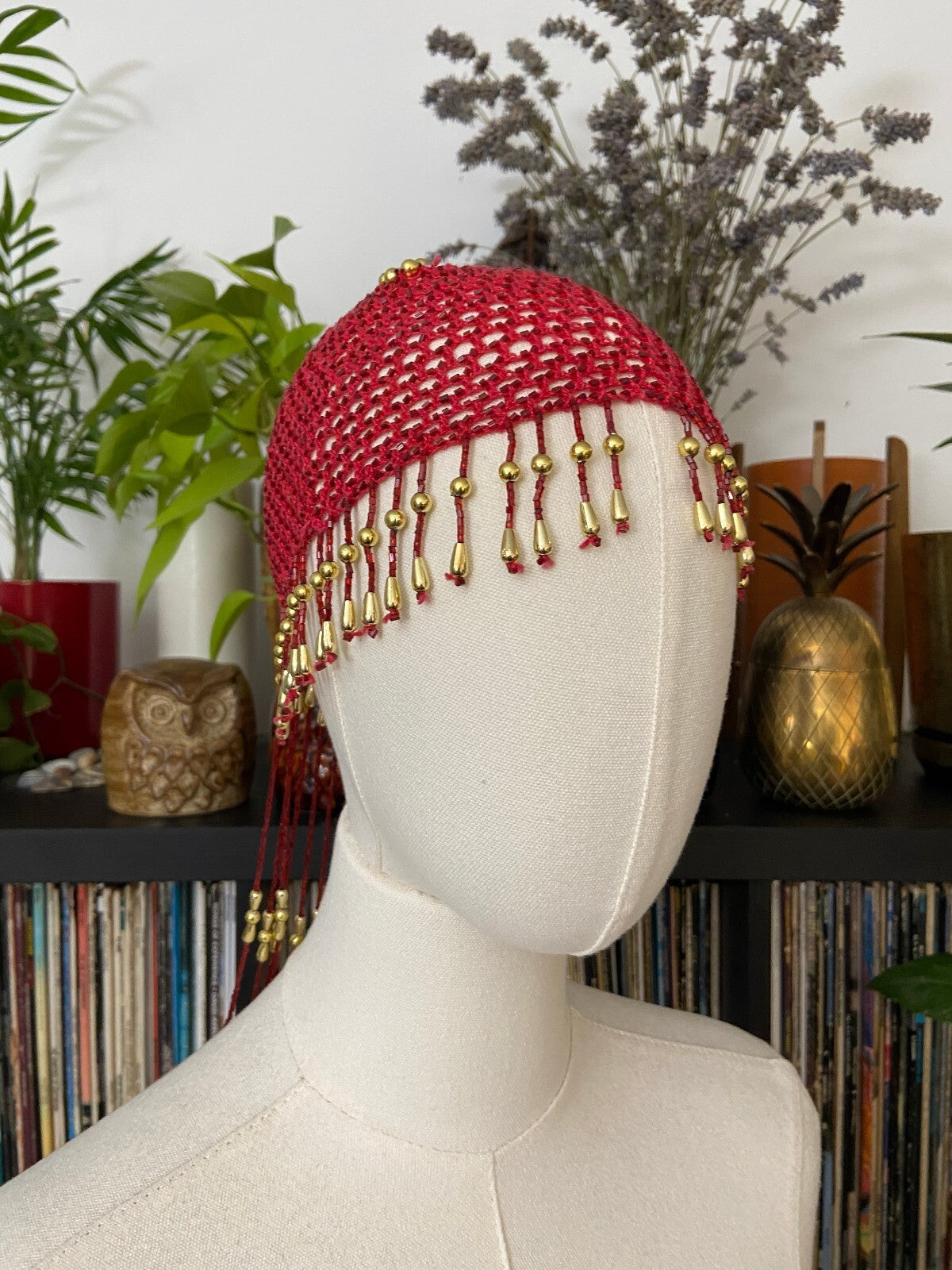 Vintage Red & Gold Crochet Tassel Cap