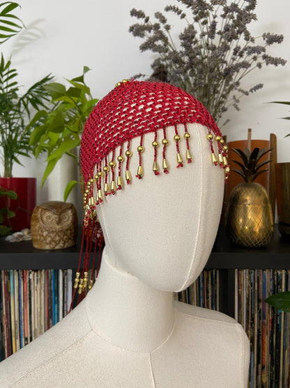 Vintage Red & Gold Crochet Tassel Cap