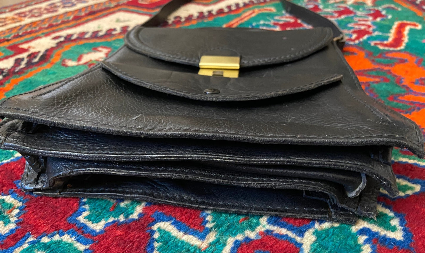 Vintage 1970s Black Leather Satchel Bag