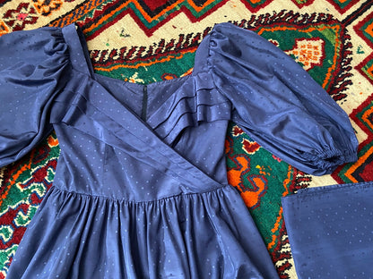 Vintage 1980s Blue Puff Sleeve Maxi Gown