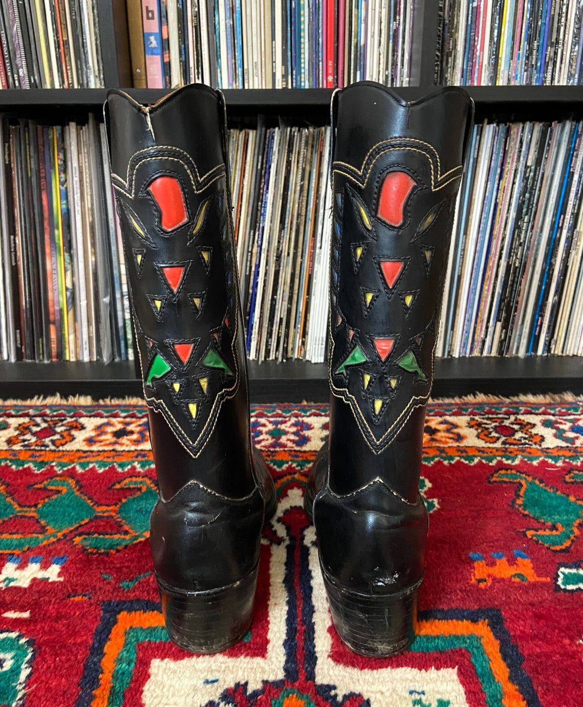 Vintage 1970s Black Colourful Inlay Cowboy Boots UK 7