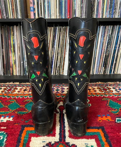 Vintage 1970s Black Colourful Inlay Cowboy Boots UK 7