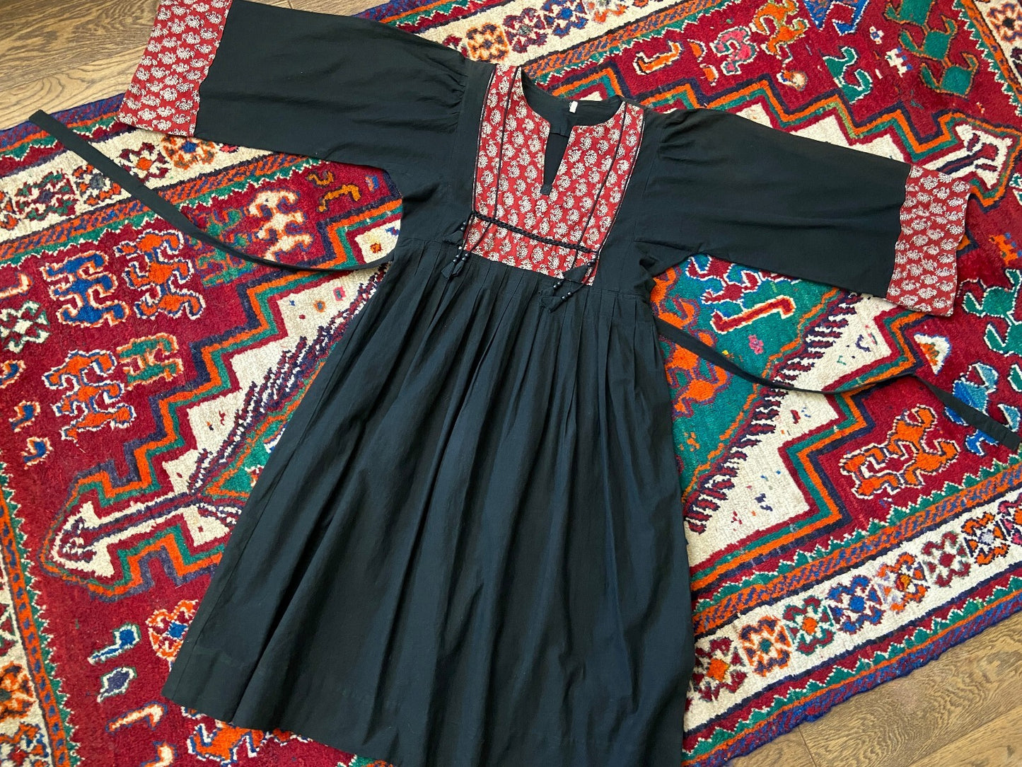 Vintage 1970s Black Indian Cotton Block Print Dress