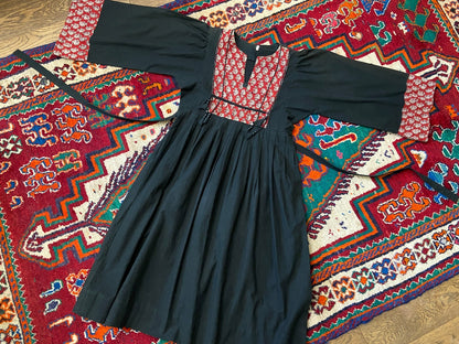 Vintage 1970s Black Indian Cotton Block Print Dress
