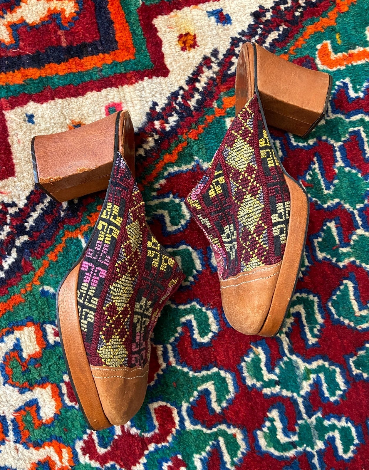Vintage Rare 1970s Kilim Tapestry Heeled Mules UK 4.5 - 5