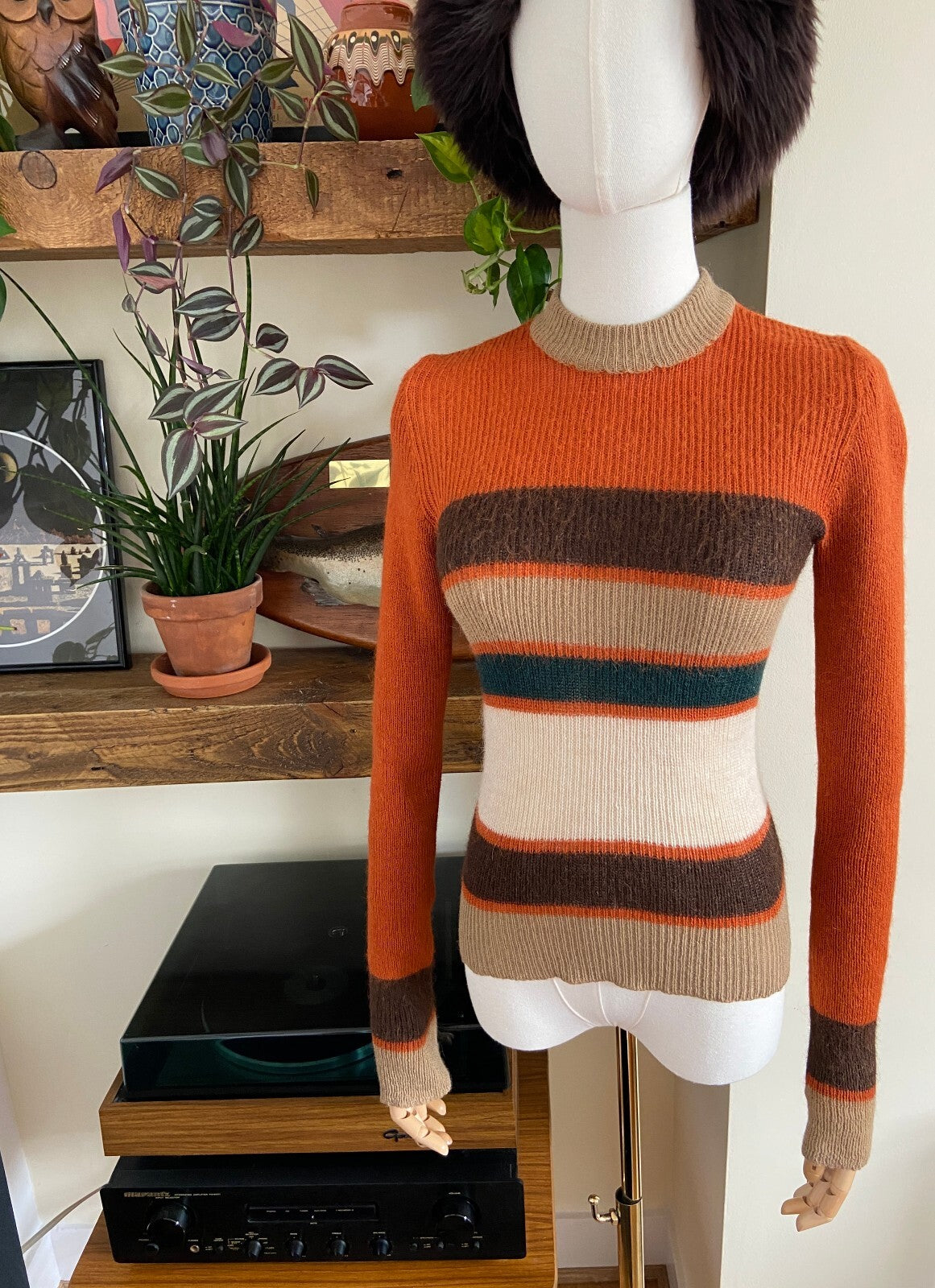Vintage 1970s Rust Striped Ribbed Jumper