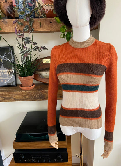 Vintage 1970s Rust Striped Ribbed Jumper