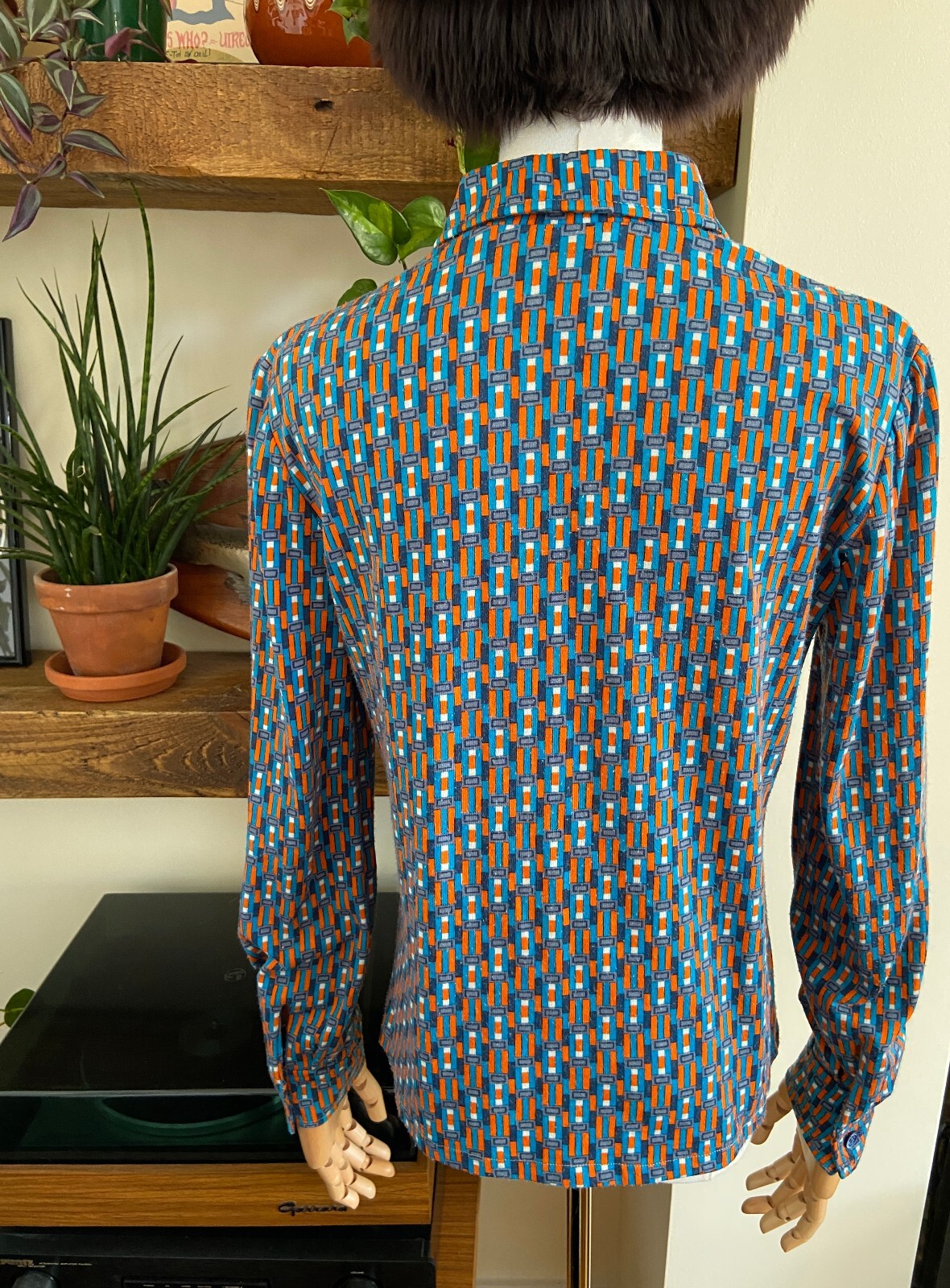 Vintage 1970s Blue & Orange Dagger Collar Shirt