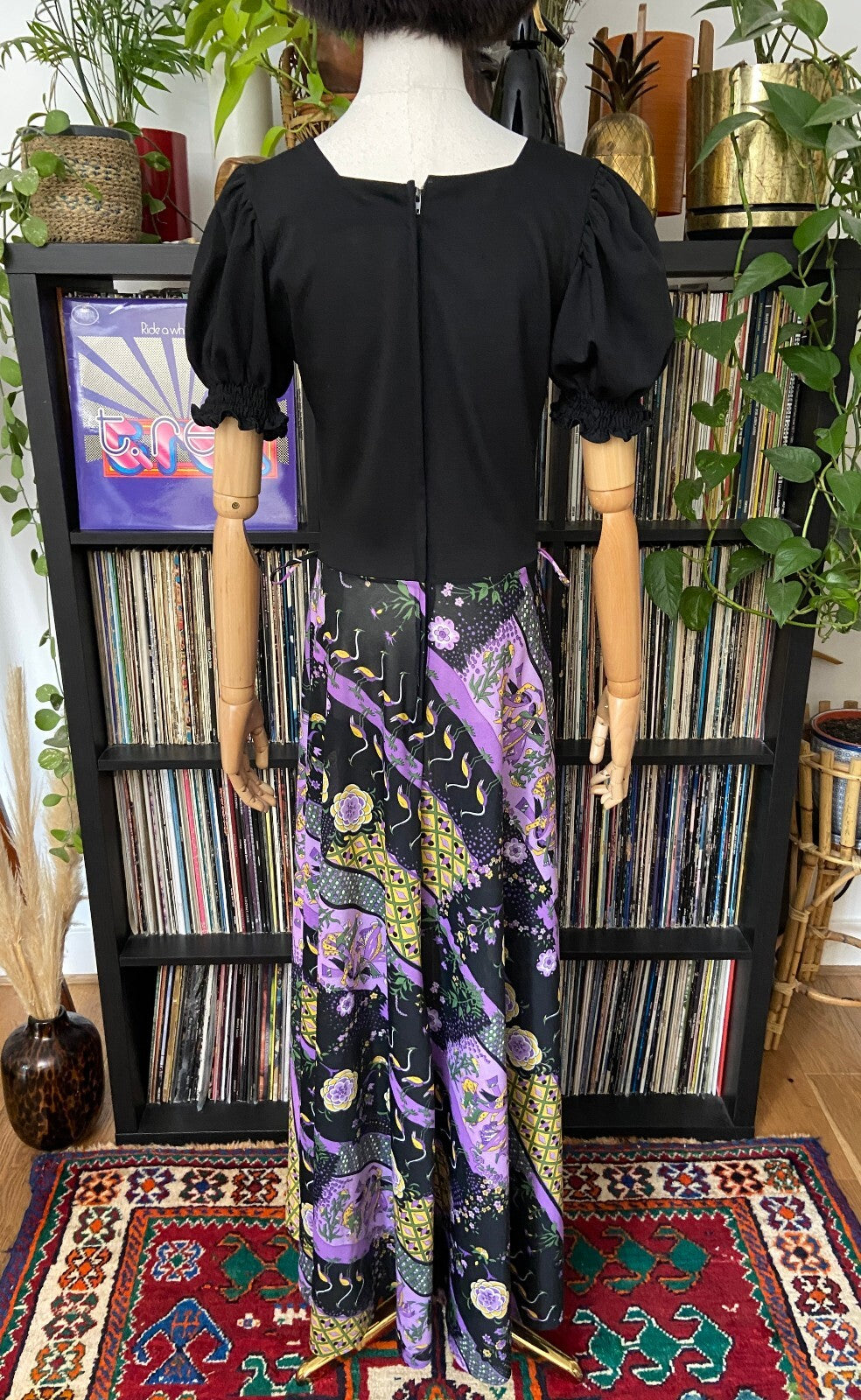 Vintage 1970s Black & Purple Dancer Print Maxi Dress