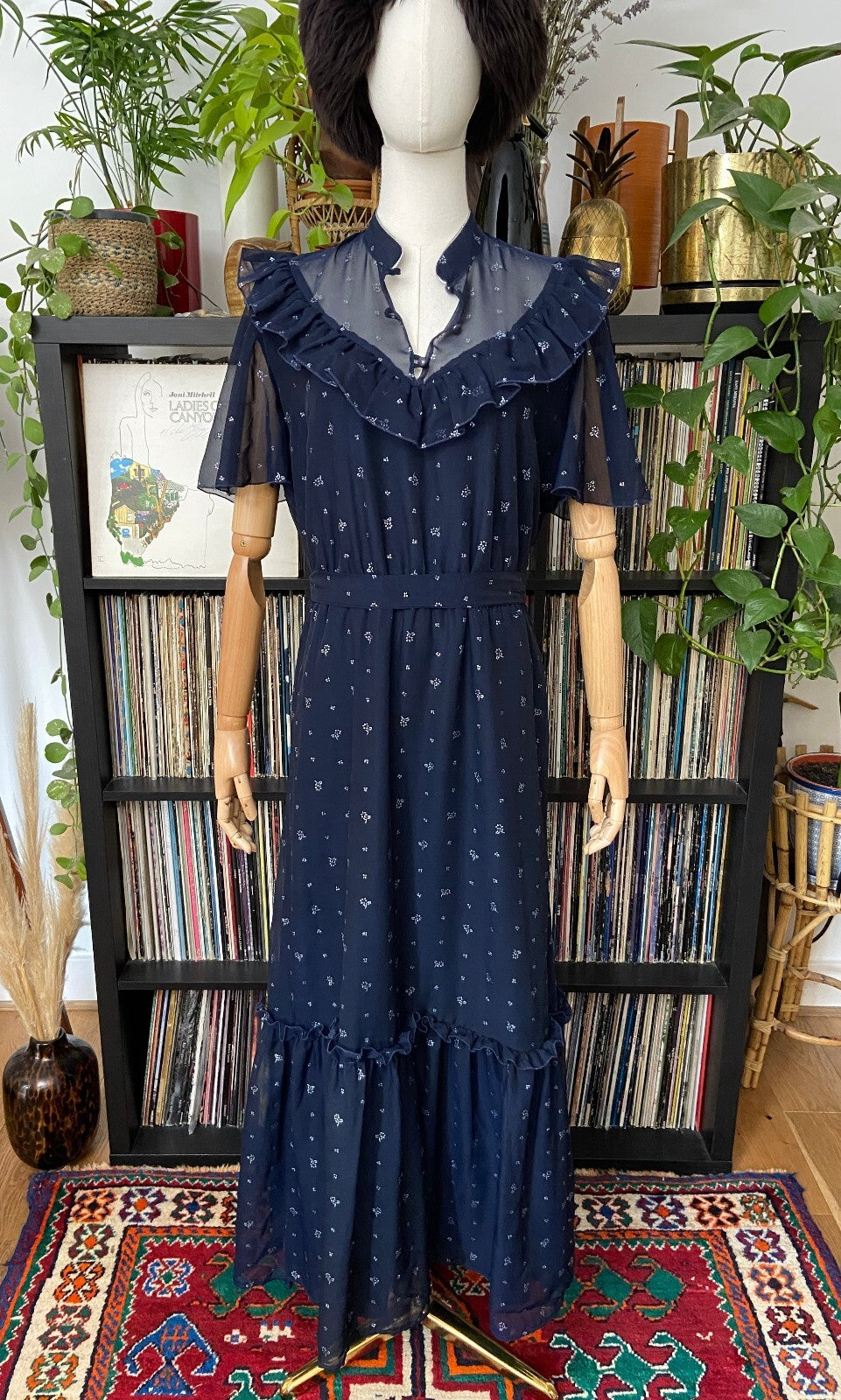 Vintage 1970s Navy & Silver Maxi Prairie Dress