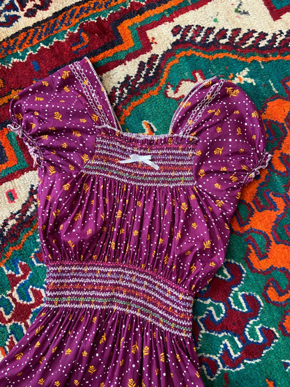 Vintage 1970s Purple Print Peasant Dress