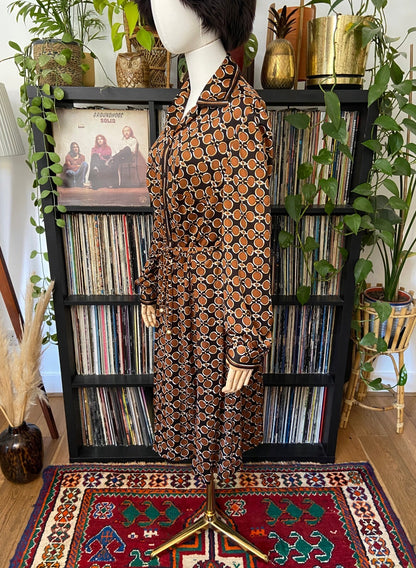 Vintage 1970s Brown Retro Print Shirt Dress