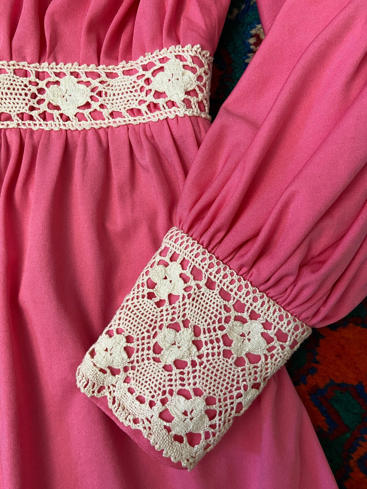 Vintage 1970s Bright Pink & Cream Crochet Trim Dress