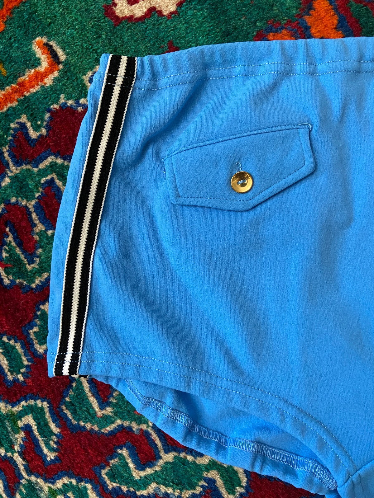 Vintage 1970s Pale Blue Stripe Trim Swim Shorts